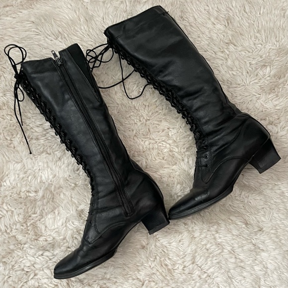 Vintage Shoes - Vintage Black Leather Knee-High Boots Size 5